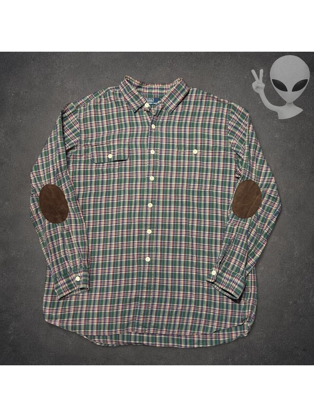 Polo Ralph Lauren Shirt Mens US XL Green Plaid Suede Elbow Patch Workwear